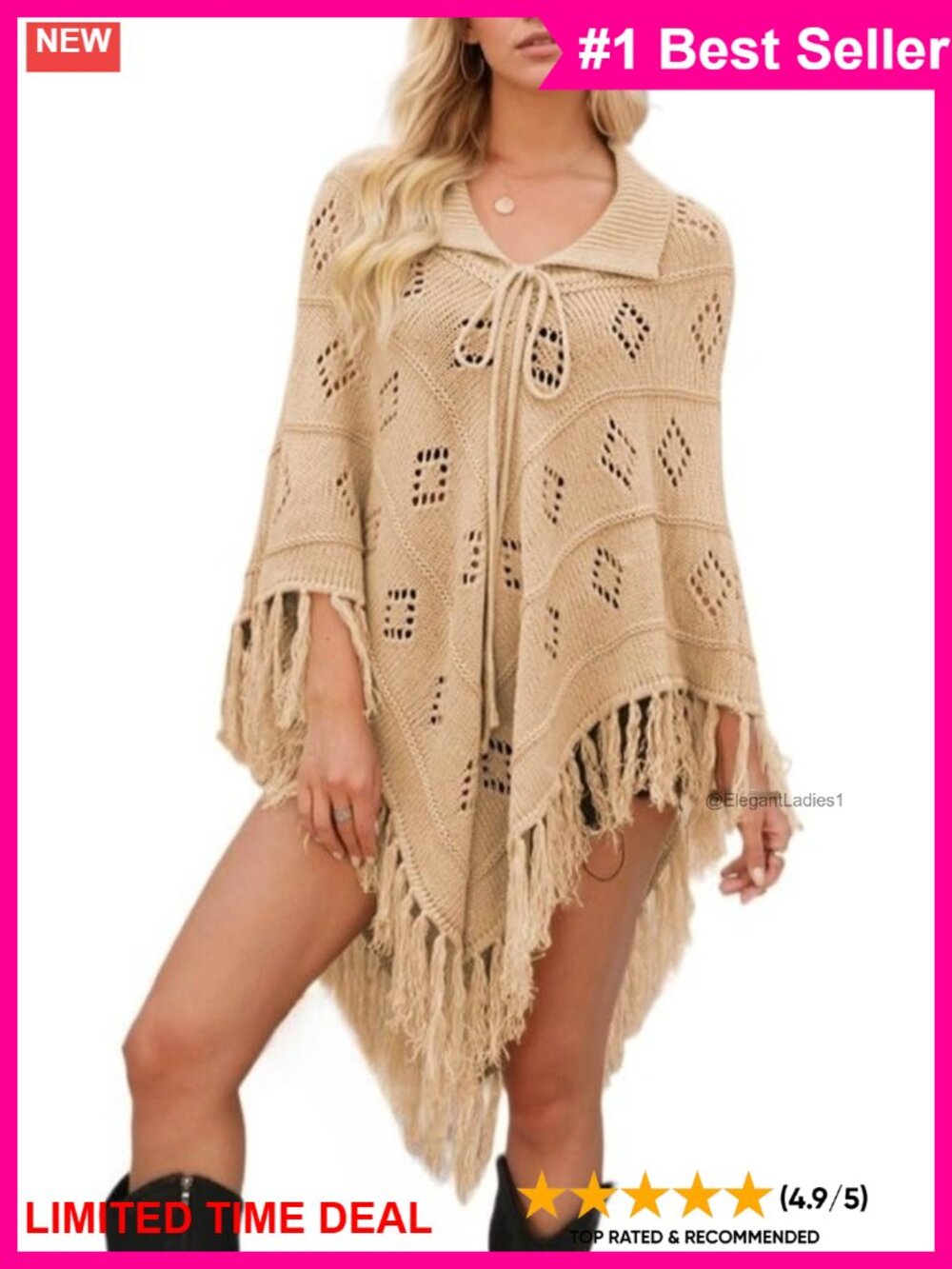 Fringe Poncho Cape Sweater Openwork Knit Shawl Wrap Oversized